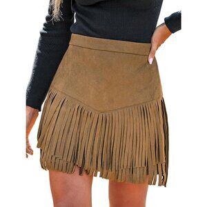 Women's Fringe Skirt Western Cowgirl Terra High Waist Mini Skirt Camel Brown